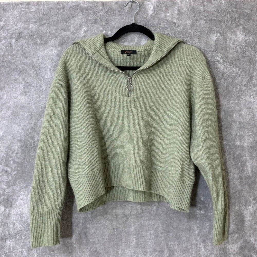 Quince Sweater Baby Alpaca Wool 1/4 Zip Rib Knit Women's Sz XL Green crop Soft